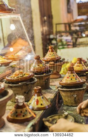 Selection Of Very Colorful Moroccan Tajines (traditional Casserole Dishes)