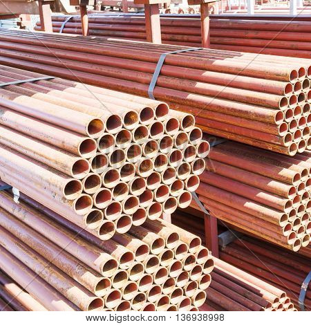 Stack Of Steel Pipes For Scaffolding In Stock.