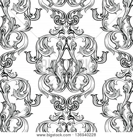 Vector Vintage Damask Pattern ornament Royal style. Ornate floral acanthus element for fabric textile design wedding invitation cards. Black and white color
