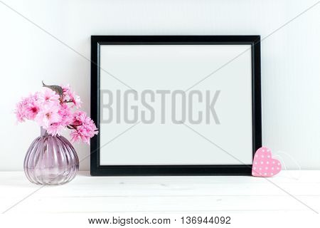 Pink Blossom styled stock photography with black frame for your own business message promotion headline or design great for blogging and social media