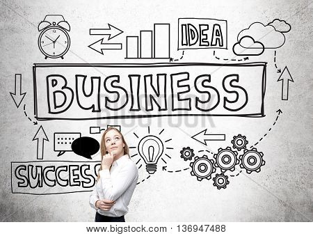 Business idea and success concept with thoughtful businesswoman standing against concrete wall with sketch