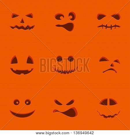 Illustration of set of different Halloween pumpking faces on red background