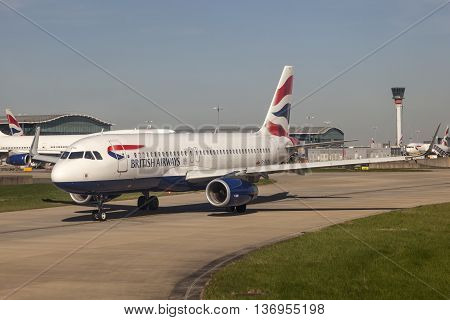 LONDON UK - APR 20 2016: British Airways Airbus A320 at the London Heathrow international airport. Hillingdon England United Kingdom.