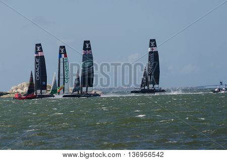 very fast boat sailng in americas cup in the competition in Gothenburg 2015-08-28