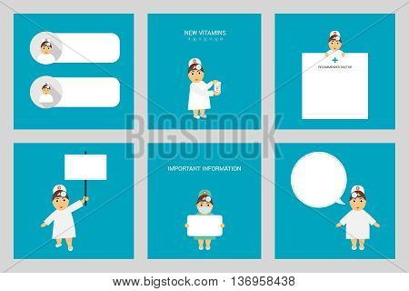 Set Otolaryngologist. Profession. Woman doctor in different poses. Important information from doctor.