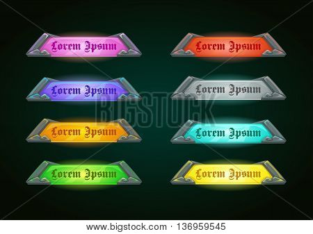 Colorful shiny horizontal game templates on dark background, vector game assets for epic GUI