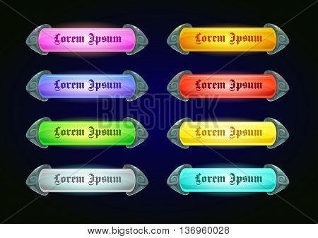Colorful shiny horizontal game templates on dark background, vector game assets for epic GUI