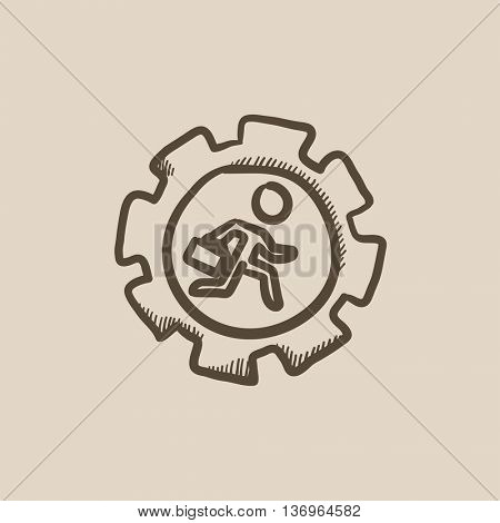 Man running inside the gear  vector sketch icon isolated on background. Hand drawn Man running inside the gear  icon. Man running inside the gear  sketch icon for infographic, website or app.