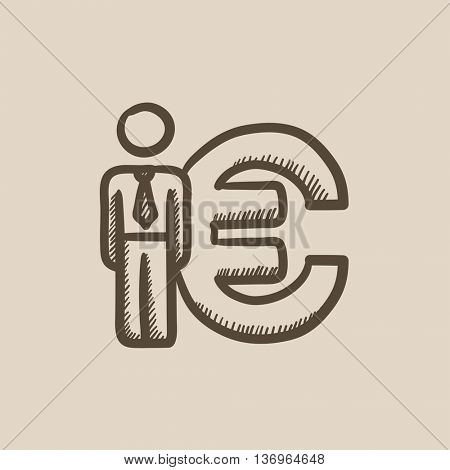 Businessman standing near Euro symbol vector sketch icon isolated on background. Hand drawn Businessman near Euro symbol icon. Businessman near Euro symbol sketch icon for infographic, website or app.