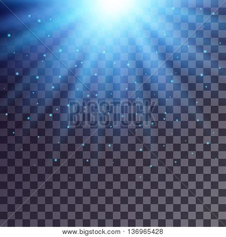 Blue rays from top with shiny particles on transparent background.