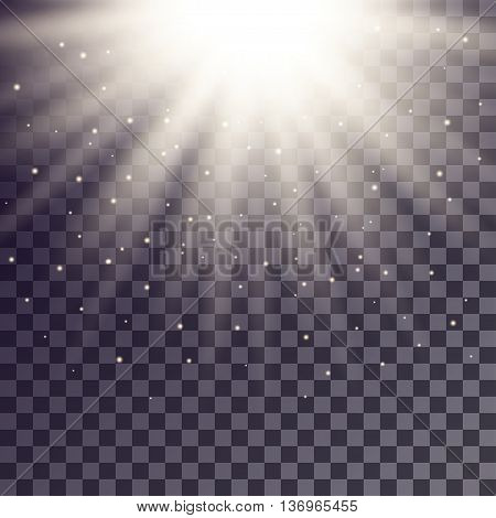 White rays from top with shiny particles on transparent background.