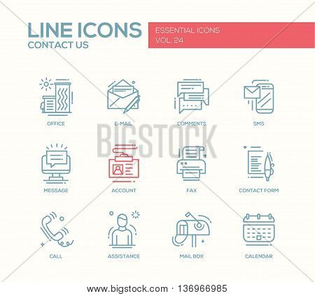 Contact Us - modern vector plain line design icons and pictograms set with communication symbols. Office, e-mail, comments, sms, message, account, fax, form, call, assistance, mail box calendar