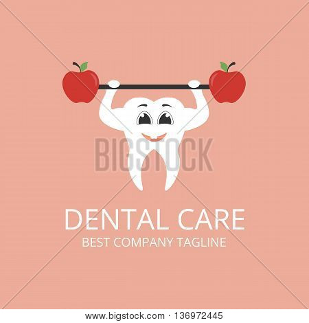 Cartoon white tooth tooth. Holding a barbell .