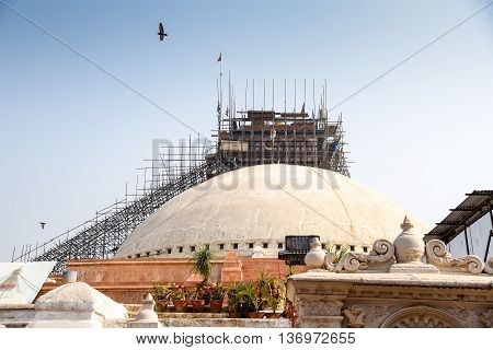 Boudhanath stupa under reconstruction after the major earthquake on 25 April 2015. Boudhanath is one of famous place in Nepal and the largest ancient stupa in the world.