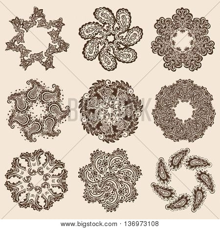 Vector set of hena round patterns mandalas. Yoga logos geometric circle element. Decorative floral ornaments. Oriental flourish design