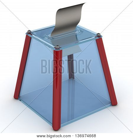 Election ballot box and ballot paper. Transparent ballot box to vote with ballot sheet is on the white surface. Isolated. 3D Illustration