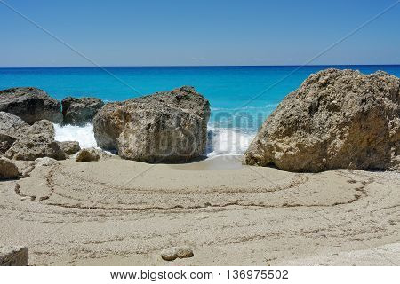 Blue Waters of Megali Petra Beach, Lefkada, Ionian Islands, Greece
