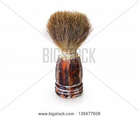 Old shaving brush isolated. Retro mens swab stand on white background. Antique barber tool. Classic shave brush accessories. Curiosity haircutter swob.