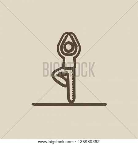 Man standing in yoga tree pose vector sketch icon isolated on background. Hand drawn Man standing in yoga tree pose icon. Man standing in yoga tree pose sketch icon for infographic, website or app.