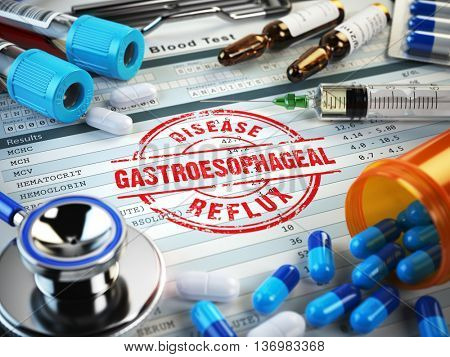 Gastroesophageal reflux disease diagnosis. Stamp, stethoscope, syringe, blood test and pills on the clipboard with medical report. 3d illustration