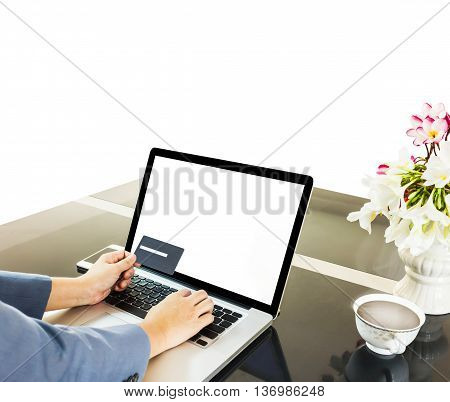 Isolated Businesswomen Hands With Credit Or Debit Card And Notebook On Working Counter