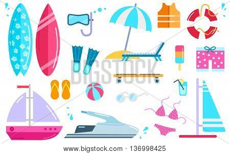 Variety of things for entertainment on beach and water in flat design. Surfboard mask, bal, cocktail, yacht fins, buoy, windsurfing, swimwear, lifejacket slippers, scooter vector illustration.