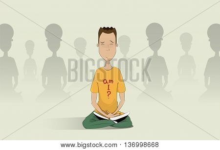 man meditating in the hall of the ashram. Spiritual, religious, find themselves cultivation, seclusion concept illustration. Vector