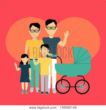 Happy family homosexual concept banner design flat style. Young family gay man with a son and daughter and a stroller for a newborn. Father with child happiness lifestyle, vector illustration