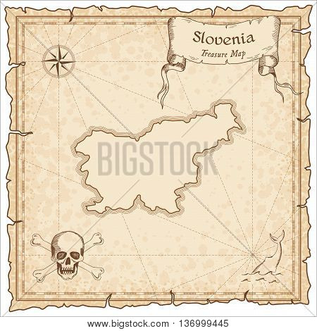 Slovenia Old Pirate Map. Sepia Engraved Template Of Treasure Map. Stylized Pirate Map On Vintage Pap