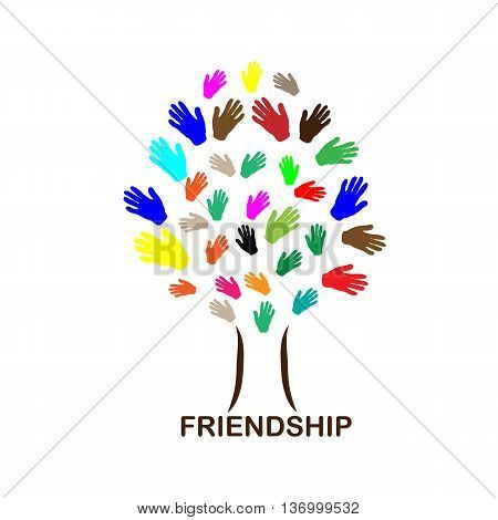 Happy friendship day illustration. Different color hands. Abstract tree of human hands. Vector illustration