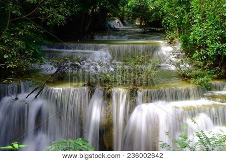 Huai Mae Khamin Waterfall Is A Major Attraction In Sri Nakarin Dam National Park. The Multi-tiered W