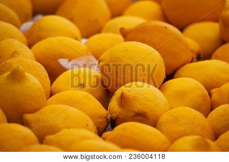 Piled Yellow Lemons In A Market Stall With Paper In Istanbul, Turkey
