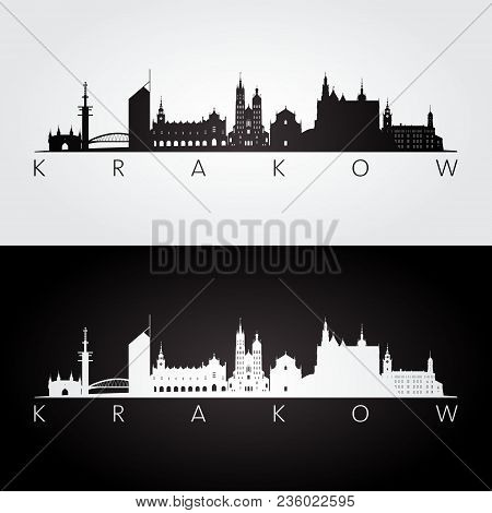Krakow Skyline And Landmarks Silhouette, Black And White Design, Vector Illustration.