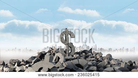 Broken concrete stone with money dollar symbol in cityscape