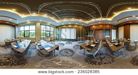 Minsk, Belarus - July 2017: Panorama 360 Angle View In Modern Empty Conference Hall For Business Mee