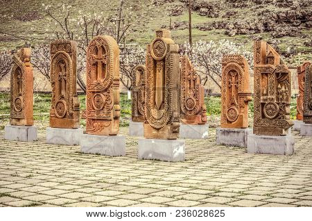 Oshakan,armenia,19 Februar,2018: Carved Stone Letters Of Armenian Alphabet, Created By Mesrop Mashto