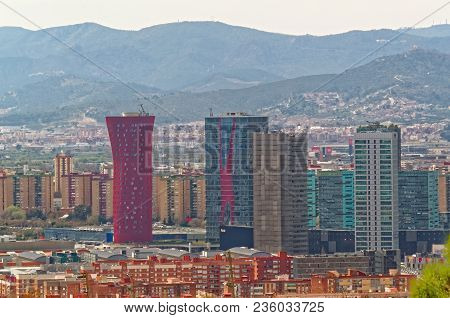 Barcelona, Spain - March 29, 2015: Scenic View On The Skylines Of Barcelona. From The Left To The Ri