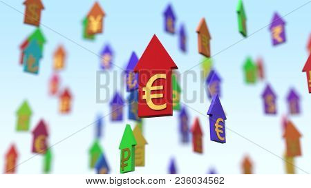 3d Illustration Rising Currency Arrows. Euro On Center