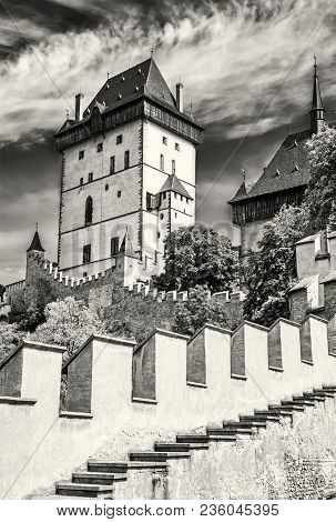 Karlstejn Is A Large Gothic Castle Founded 1348 By Charles Iv In Czech Republic. Ancient Architectur