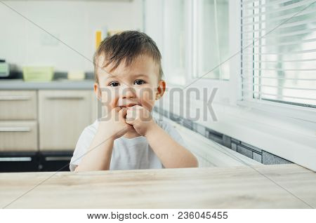 Boy Little Cute Fingers In Mouth Licking Bacteria And Germs, Hygiene Is Poor