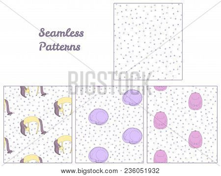 Set Of Hand Drawn Cute Seamless Vector Patterns With Sleeping Magical Creatures: Monster, Unicorn, C
