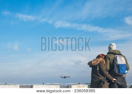 Two Couple Taking A Selfie With A Drone, Drone Navigating