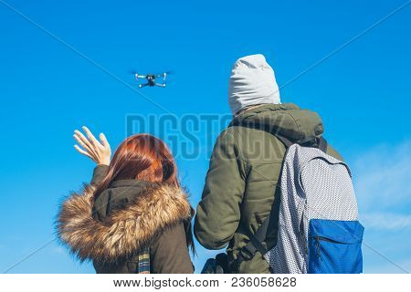 Two Couple Taking A Selfie With A Drone, Drone Navigating