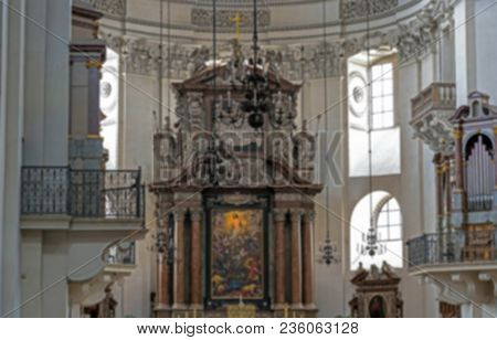 Salzburg, Austria- July 15, 2017: Blurred View Of Baroque Cathedral Of The Roman Catholic Archdioces