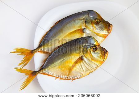 Smoked Fish On White Plate On Isolated Background. Golden Flat Fish. Orange Fins. Vomero. Tasty Snac