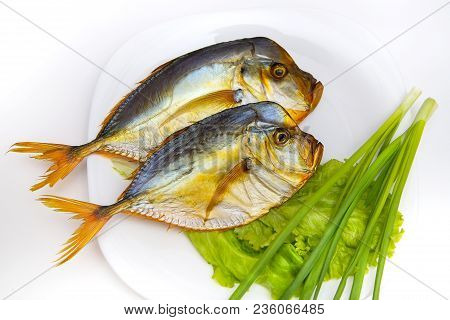 Smoked Fish On White Plate With Vegetables On Isolated Background. Fresh Green Salad And Green Onion