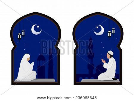 Muslim Man And Woman Prayer At Night With Mosque Background.