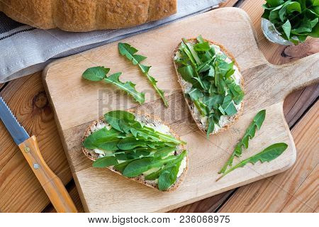 Two Slices Of Sourdough Bread With Butter And Fresh Dandelion Leaves