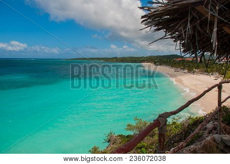 Playa Esmeralda In Holguin, Cuba. The View From The Top Of The Beach. Beautiful Caribbean Sea Turquo