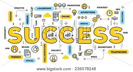 Vector Creative Illustration Of Success Yellow Word Lettering Typography With Line Icons And Tag Clo